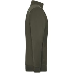 A men's workwear sweat-jacket in olive green with a high collar and zipper, featuring a logo on the side.