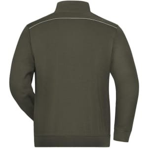 A men's workwear sweat-jacket in olive green, featuring a high collar and a logo on the back.