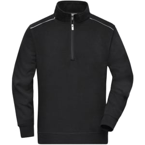 A black half-zip sweatshirt with long sleeves and a silver accent on the shoulders, featuring a logo.