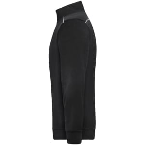 A black half-zip sweat jumper featuring long sleeves and a logo on the chest, designed for workwear.