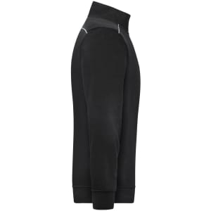 A black half-zip work jumper featuring a high collar and reflective detailing, designed for comfort and durability.