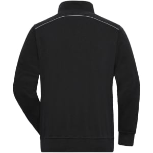 A black half-zip sweat jumper featuring a high collar and a rear design. It includes a logo on the back.