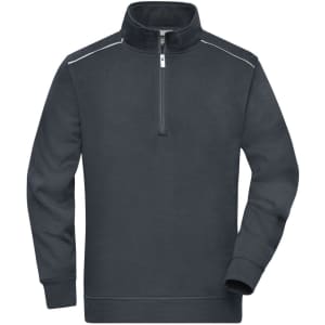 A dark grey half-zip sweat jumper with a collar and cuffed sleeves, featuring a logo on the front.