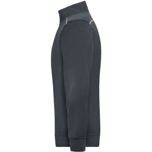 A half-zip sweat jumper in dark grey, featuring a high collar and a fitted design. It has a branding logo on the side.