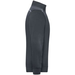 A half-zip sweat jumper in dark grey, featuring a high collar and a side view showcasing the design.