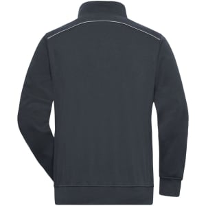 A dark grey half-zip sweat jumper with a collar, featuring a branding logo on the back.