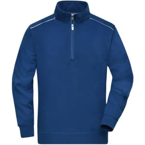 A blue half-zip sweatshirt with a collar and light stitching details, featuring long sleeves and a logo.