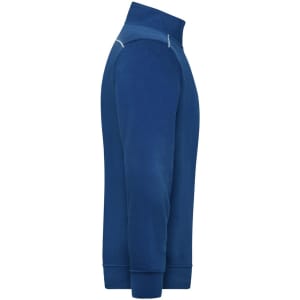 A blue half-zip sweatshirt featuring long sleeves and a ribbed hem, with a logo on the side.