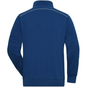 A navy half-zip work jumper featuring a collar and a reflective detail at the back. It has a logo on the chest.