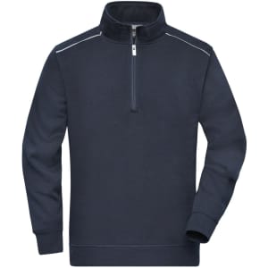 A dark navy half-zip sweatshirt with long sleeves and a collar, featuring a branding logo.