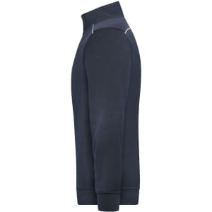 A navy half-zip work jumper featuring a stand-up collar and a subtle logo on the side.