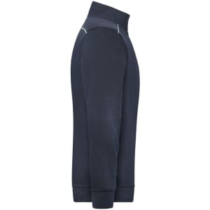 A navy half-zip work jumper with a high collar and ribbed cuffs. Features a logo on the side.