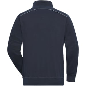 A navy half-zip sweat jumper with a high collar and a logo. Features a simple, classic design with long sleeves.