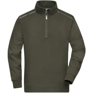 A half-zip sweatshirt in olive green featuring long sleeves and a high collar, with a logo on the chest.