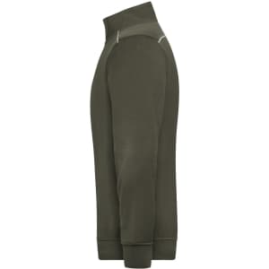 A half-zip work jumper in olive green, featuring a stand-up collar and a logo.