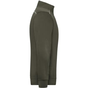 A half-zip sweat in a dark green shade, featuring a snug collar and ribbed cuffs. It has a logo on it.