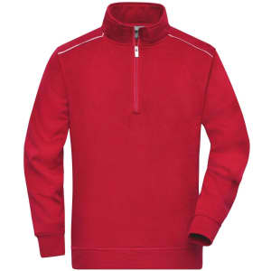 A red half-zip sweat jumper with a high collar and a logo on the front.