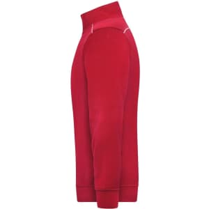 A red workwear half-zip sweatshirt featuring a high collar and a logo on the sleeve.