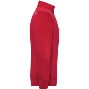 A red half-zip sweat jumper with a smooth finish, featuring a logo on the side.