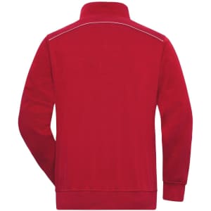 A red half-zip sweat designed for workwear, featuring a stylish collar and a logo.
