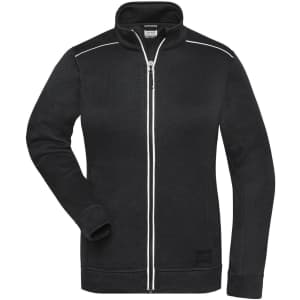A black polar fleece jacket with a zip front, high collar, and white piping, featuring a logo on the hem.