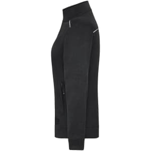 A black polar fleece jacket with a zip, featuring a high collar and pockets, includes branding.