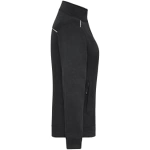 A black polar fleece jacket with a high collar and a zippered pocket on the side. It features a logo on the fabric.