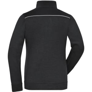 A black polar fleece jacket featuring a high collar and a reflective strip on the back, with a logo.