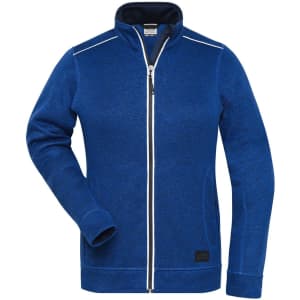A blue fleece jacket with a zip front, featuring a high collar and a logo on the hem.