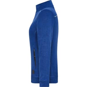 A blue ladies' knit workwear fleece jacket with a zippered pocket and a logo on the side.