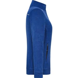 A side view of a blue ladies' knit workwear fleece jacket featuring a zip pocket and a high collar.