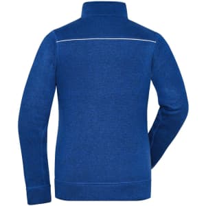 A blue fleece jacket with a high collar and a contrasting white seam at the back. It features a logo.