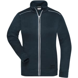 A navy fleece jacket featuring a full zip, high collar, and contrasting white detailing. Includes a logo on the front.