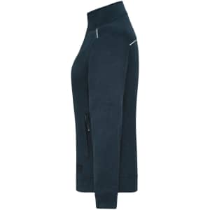 A side view of a navy blue ladies' knit workwear fleece jacket with a zippered pocket and a small logo.