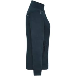 A navy blue ladies knit workwear fleece jacket with a zip pocket and a high collar. It has a branding logo.