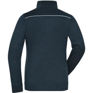 A navy fleece jacket with a high collar and a back view, featuring a logo and a contrasting white trim.