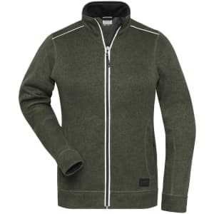 A green polar fleece jacket with a zip front, featuring a collar and a logo on the side.