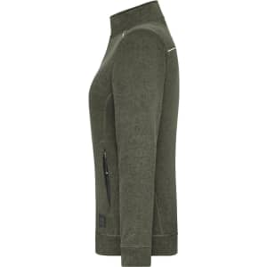 A ladies' fleece jacket in olive green, featuring a zippered pocket and a logo on the hem.
