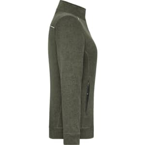 A side view of a ladies' knit workwear fleece jacket in olive green, featuring a zip pocket and a logo.