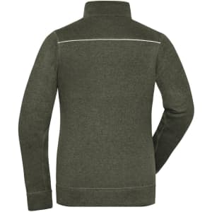 A dark green polar fleece jacket featuring a high collar and a decorative back seam. It has a logo on the fabric.