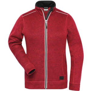 A red fleece jacket with a zip front, high collar, and a logo on the side. Features contrasting stitching.
