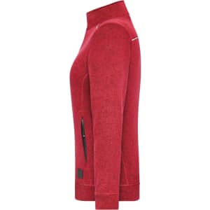 A red ladies' knit workwear fleece jacket with a zippered pocket and a high collar, featuring a logo.