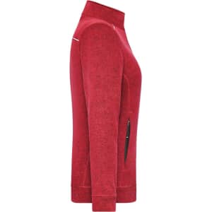 A red fleece jacket with a zippered pocket, featuring a fitted design and a stand-up collar. It has a logo on the chest.