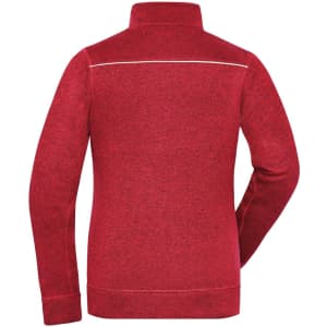 A red fleece jacket with a high collar and a subtle design detail on the back, featuring a logo.