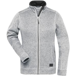 A grey fleece jacket with a high collar and zipper, featuring a logo on the lower left side.