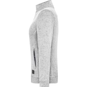 A grey polar fleece jacket featuring a zippered side pocket and a small logo on the lower part.