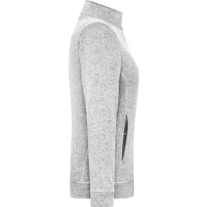 A grey polar fleece jacket with long sleeves and a zippered pocket on the side, featuring a logo.