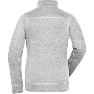 A grey polar fleece jacket with a high collar, featuring a logo on the back.