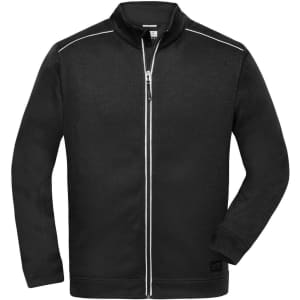 A black men's knit workwear fleece jacket features a zip closure and contrasting piping detail. It has a logo.