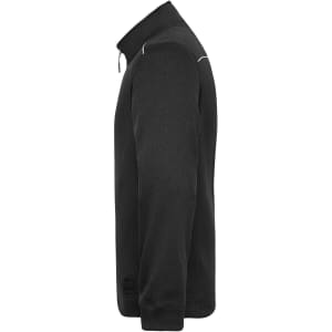 A black men's knit workwear fleece jacket with a zip collar and side seam detailing. Features a logo.
